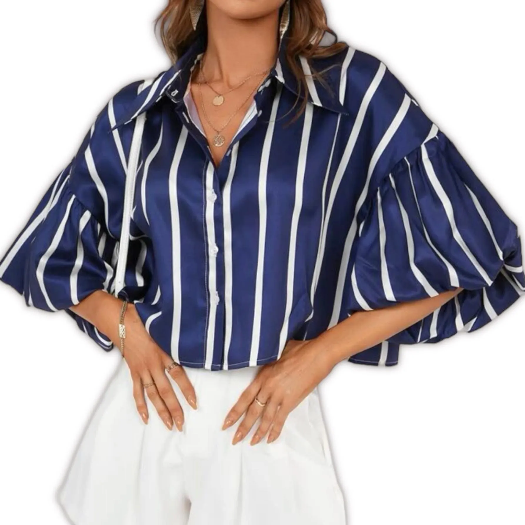 HAMPTONS Bishop Sleeve Buttondown Stripe Blouse Top