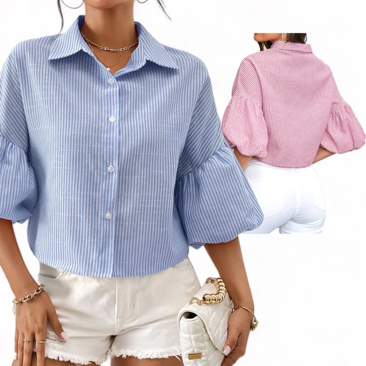 HAMPTONS Bishop Sleeve Stripe Collar Buttondown Shirt Top