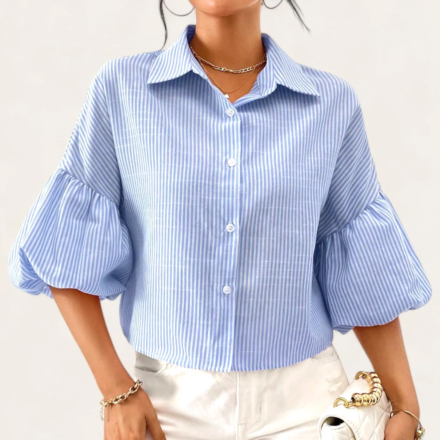 HAMPTONS Bishop Sleeve Stripe Collar Buttondown Shirt Top