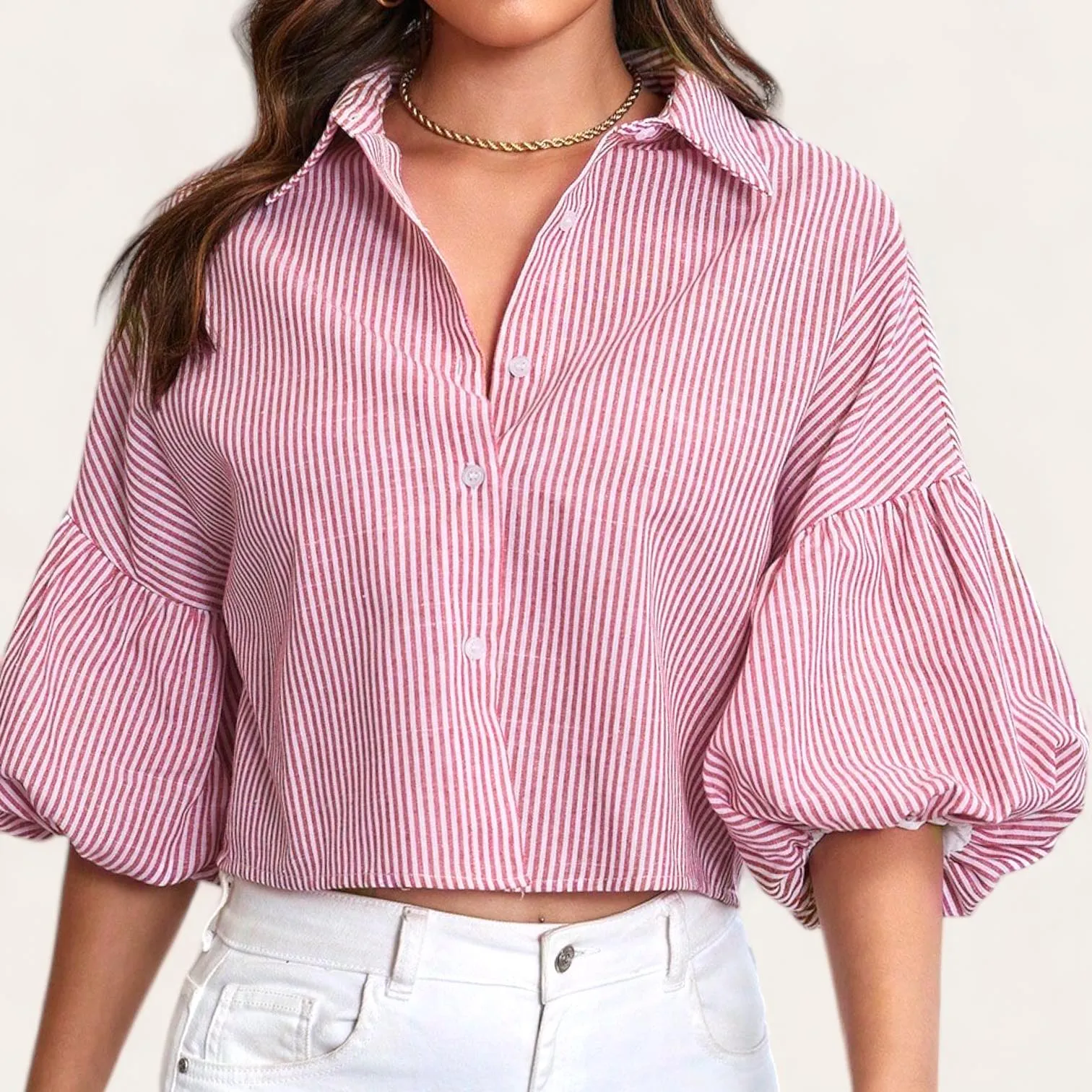 HAMPTONS Bishop Sleeve Stripe Collar Buttondown Shirt Top