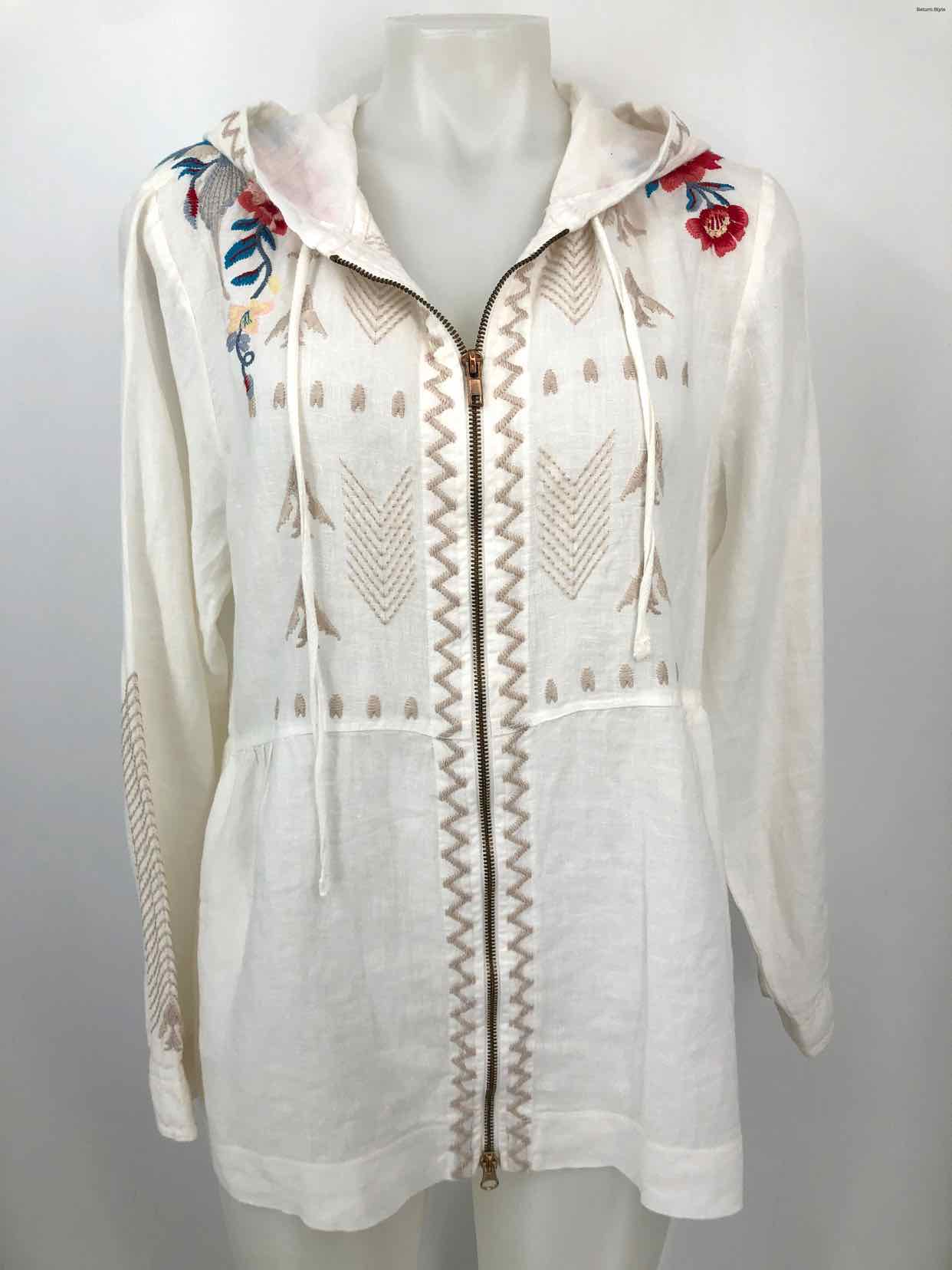 JOHNNY WAS White Pink Multi Linen Embroidered Zip Up Jacket