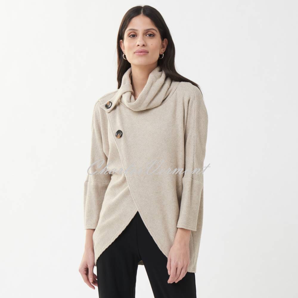 Joseph Ribkoff Crossover Front Sweater with Button Detail - Style 223003 (Oatmeal)