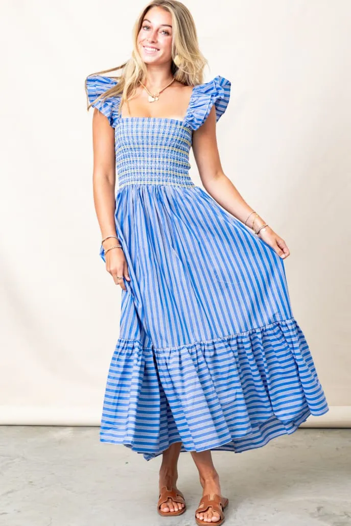 KARLIE Stripe Smock Ruffle Maxi Dress