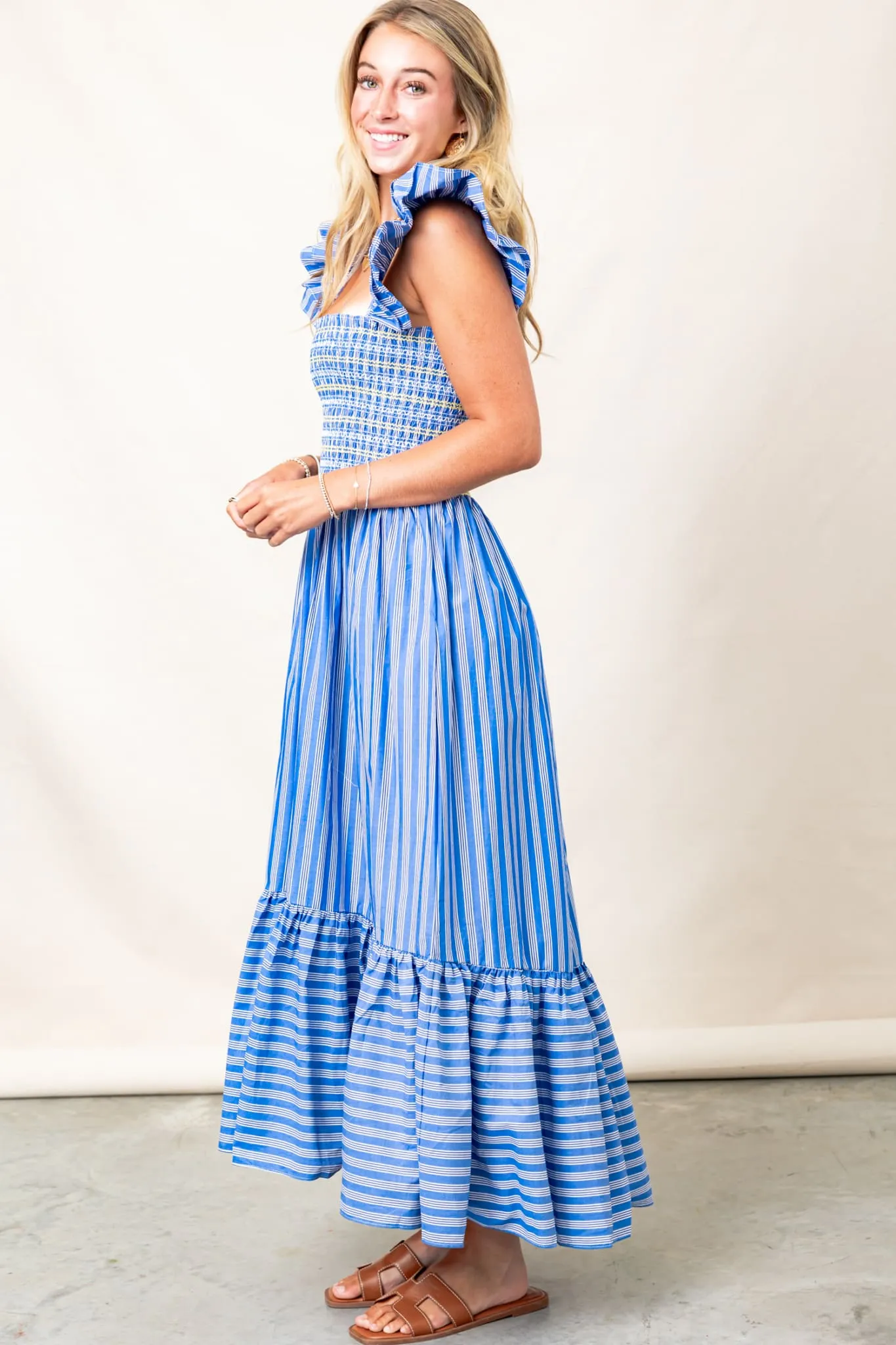 KARLIE Stripe Smock Ruffle Maxi Dress