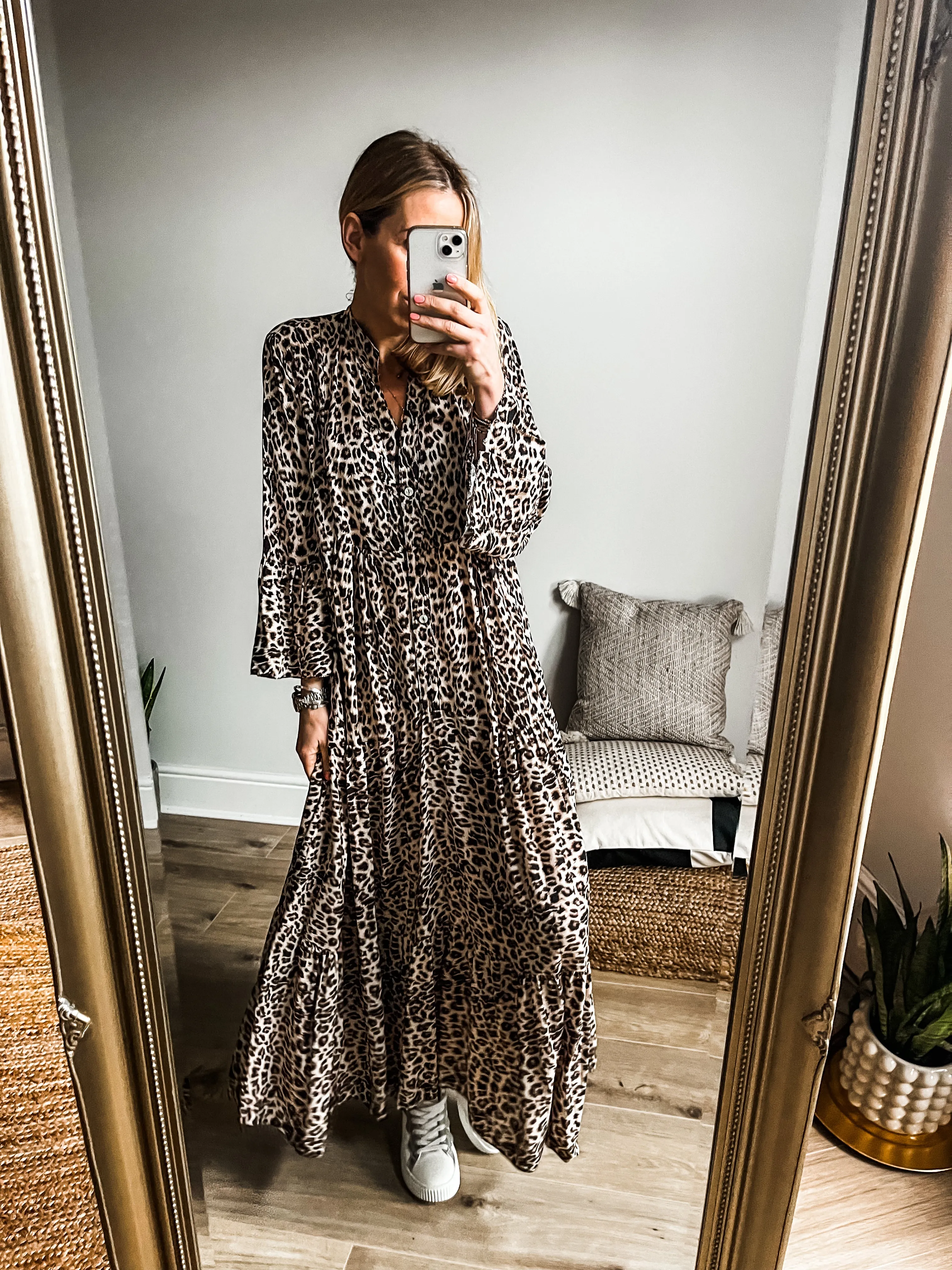 Leopard Print Tiered Maxi Smock Dress