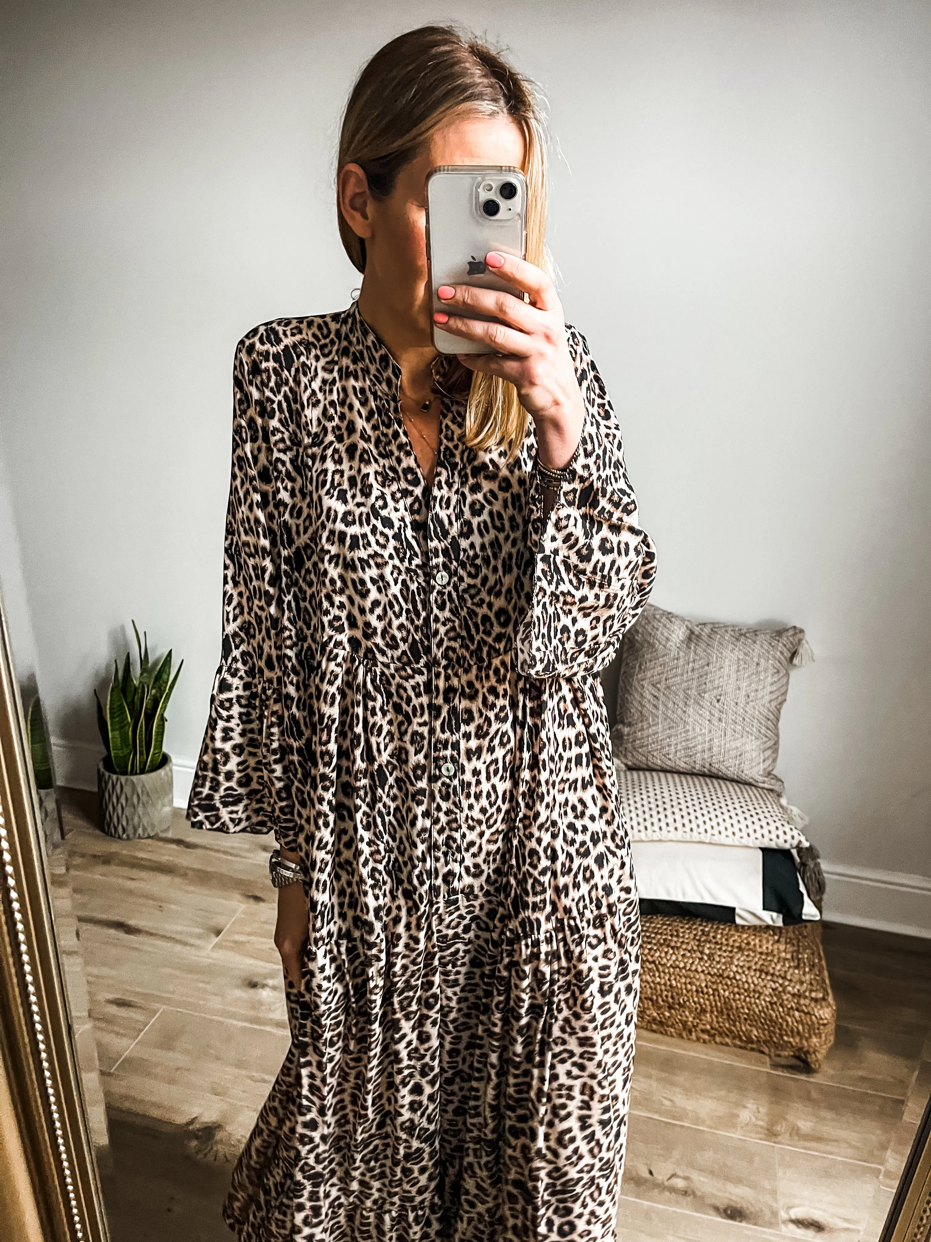 Leopard Print Tiered Maxi Smock Dress