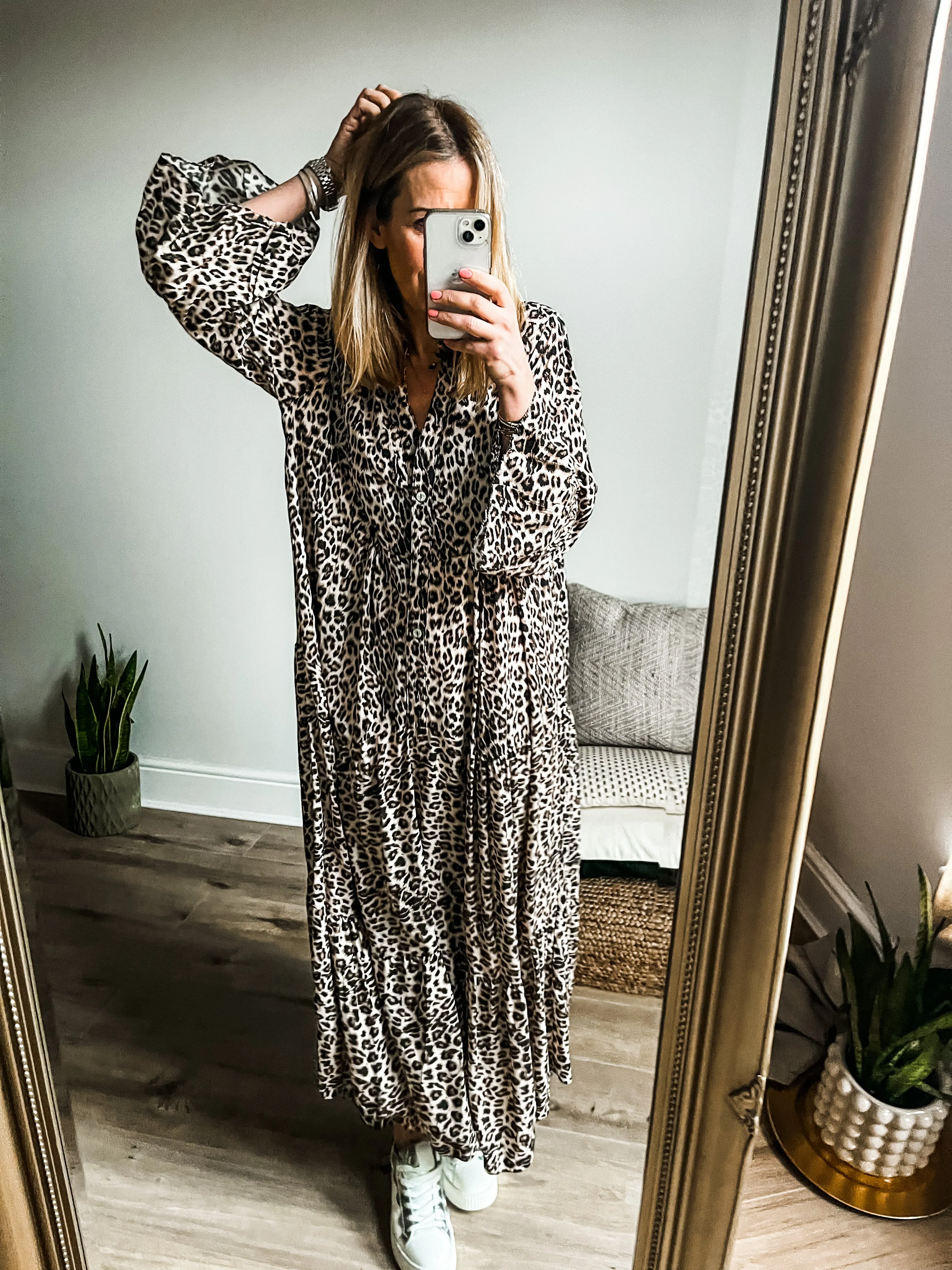 Leopard Print Tiered Maxi Smock Dress