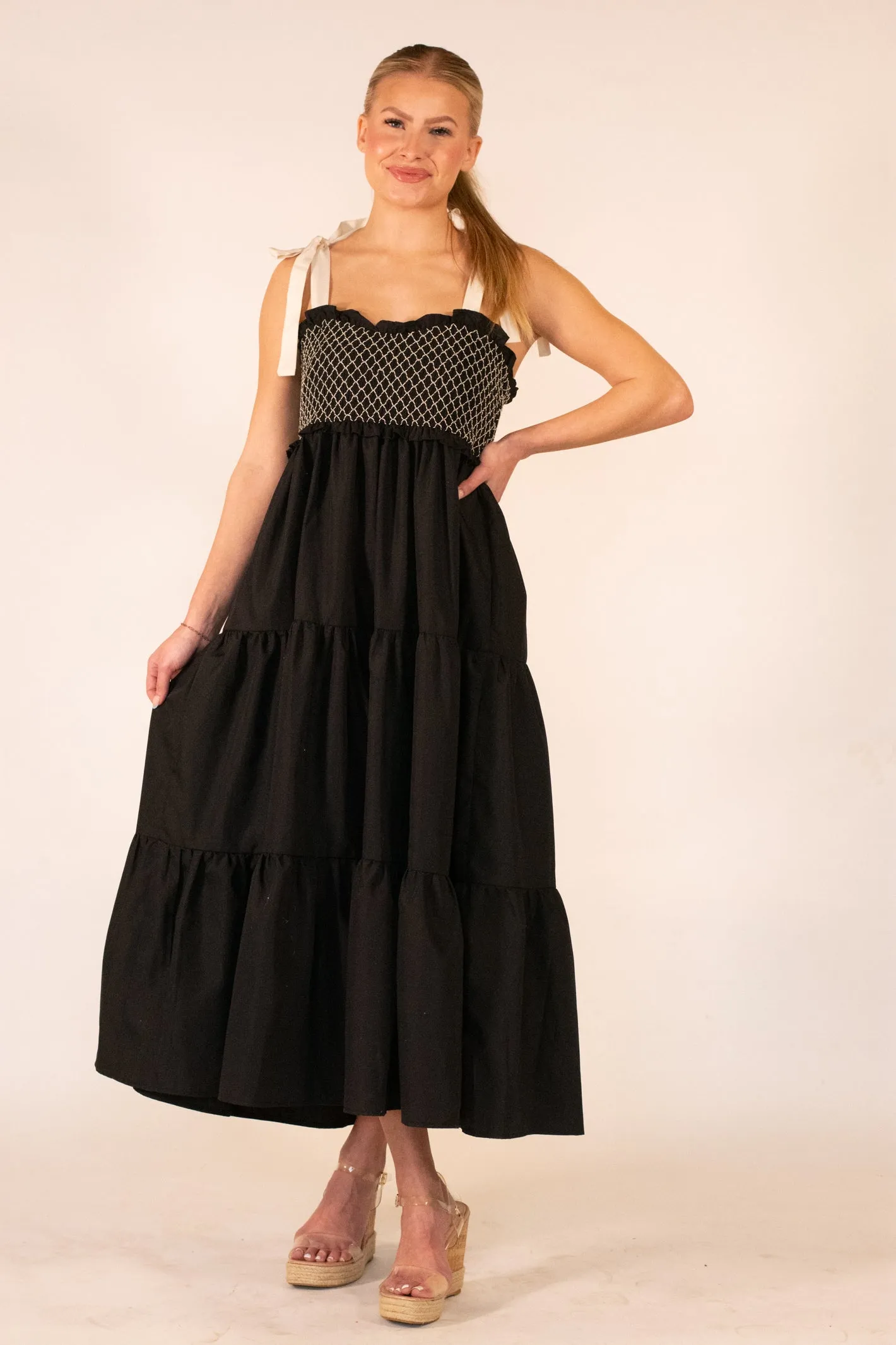 Let My Heart Run Black Smock Maxi Dress