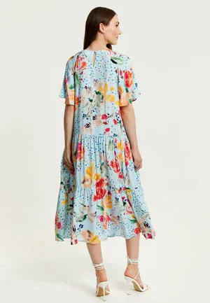 Liquorish Blue Floral Print Maxi Smock Dress