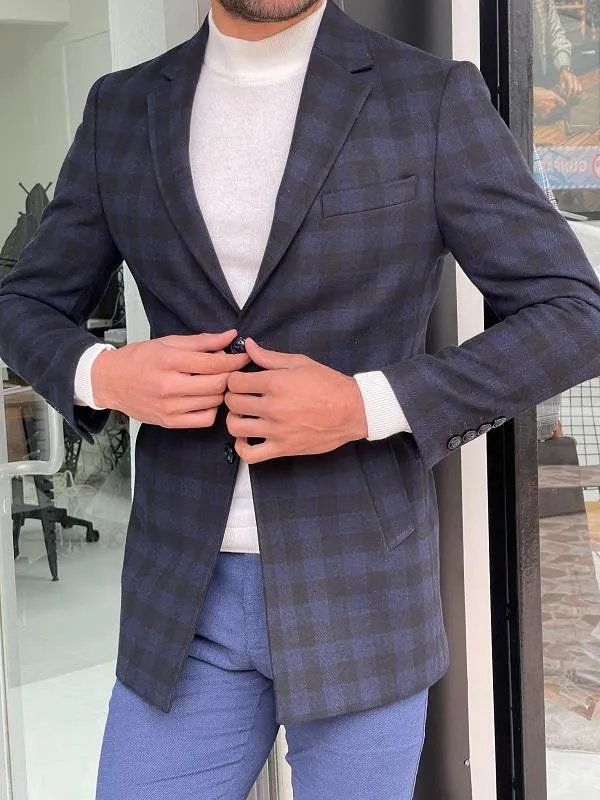 Mantonis Navy Blue Slim Fit Plaid Wool Long Coat