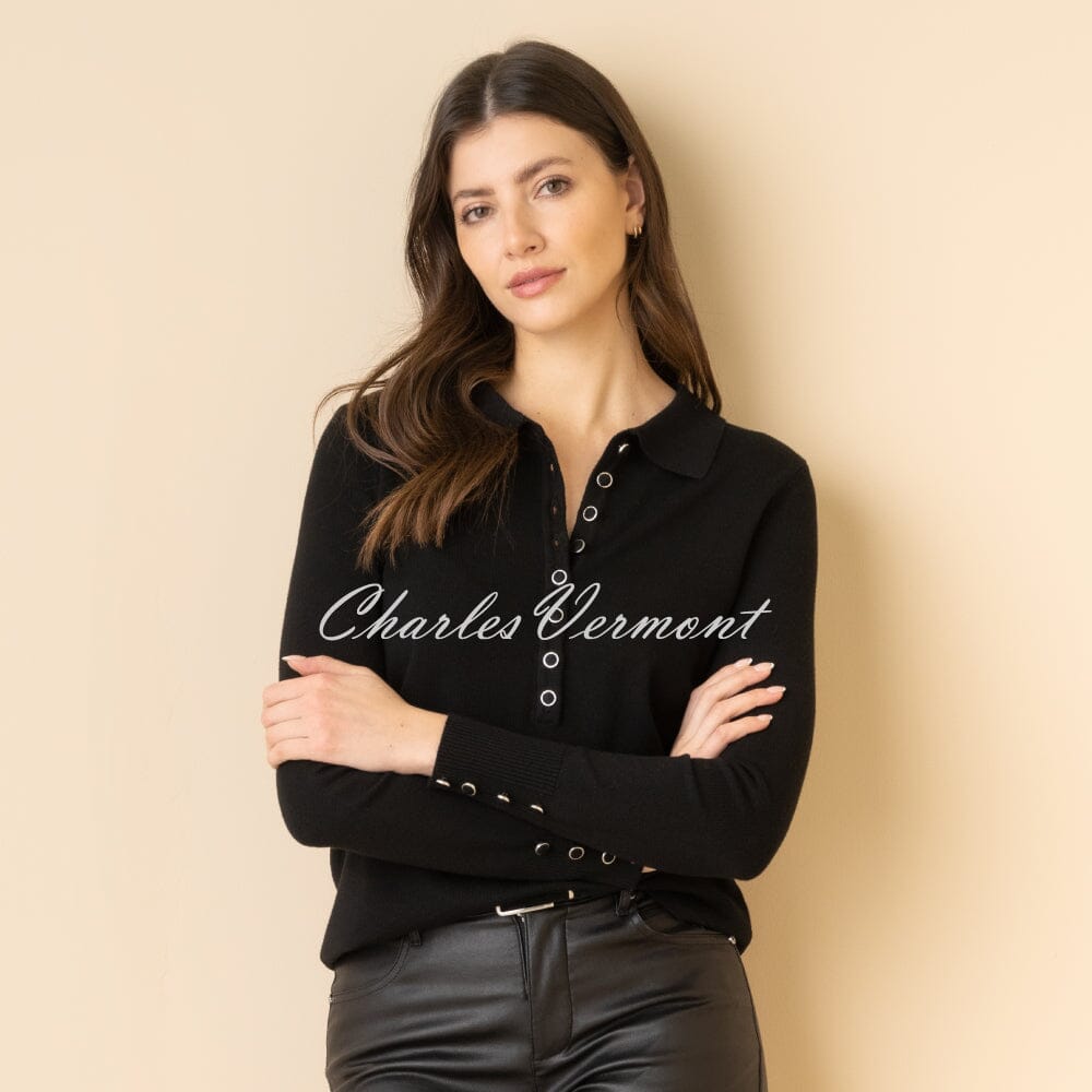 Marble Polo Style Sweater Top - Style 7105-101 (Black)