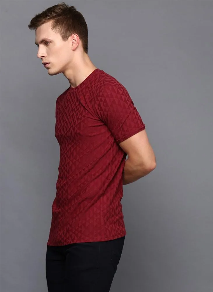 Maroon Crew Neck Geometrical Textured T-Shirt