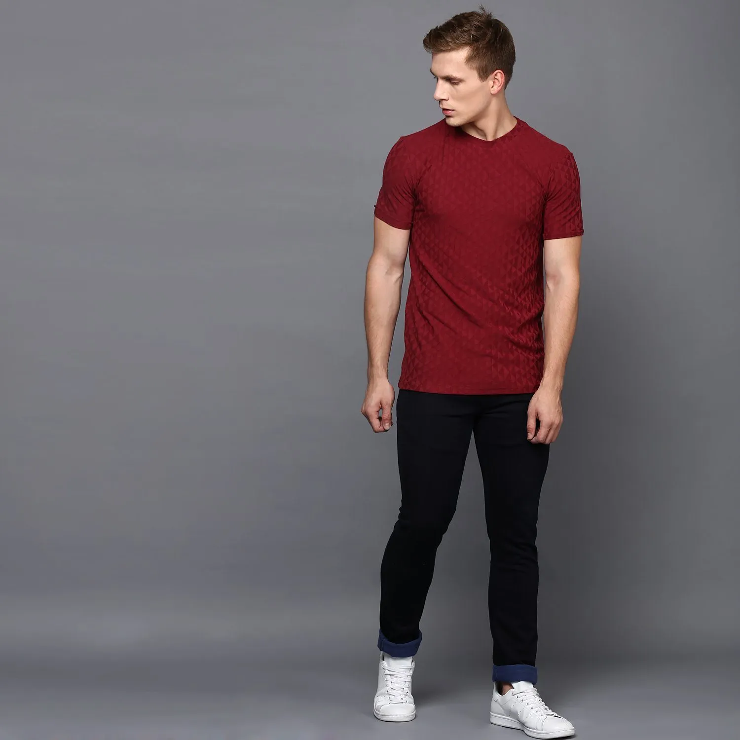 Maroon Crew Neck Geometrical Textured T-Shirt