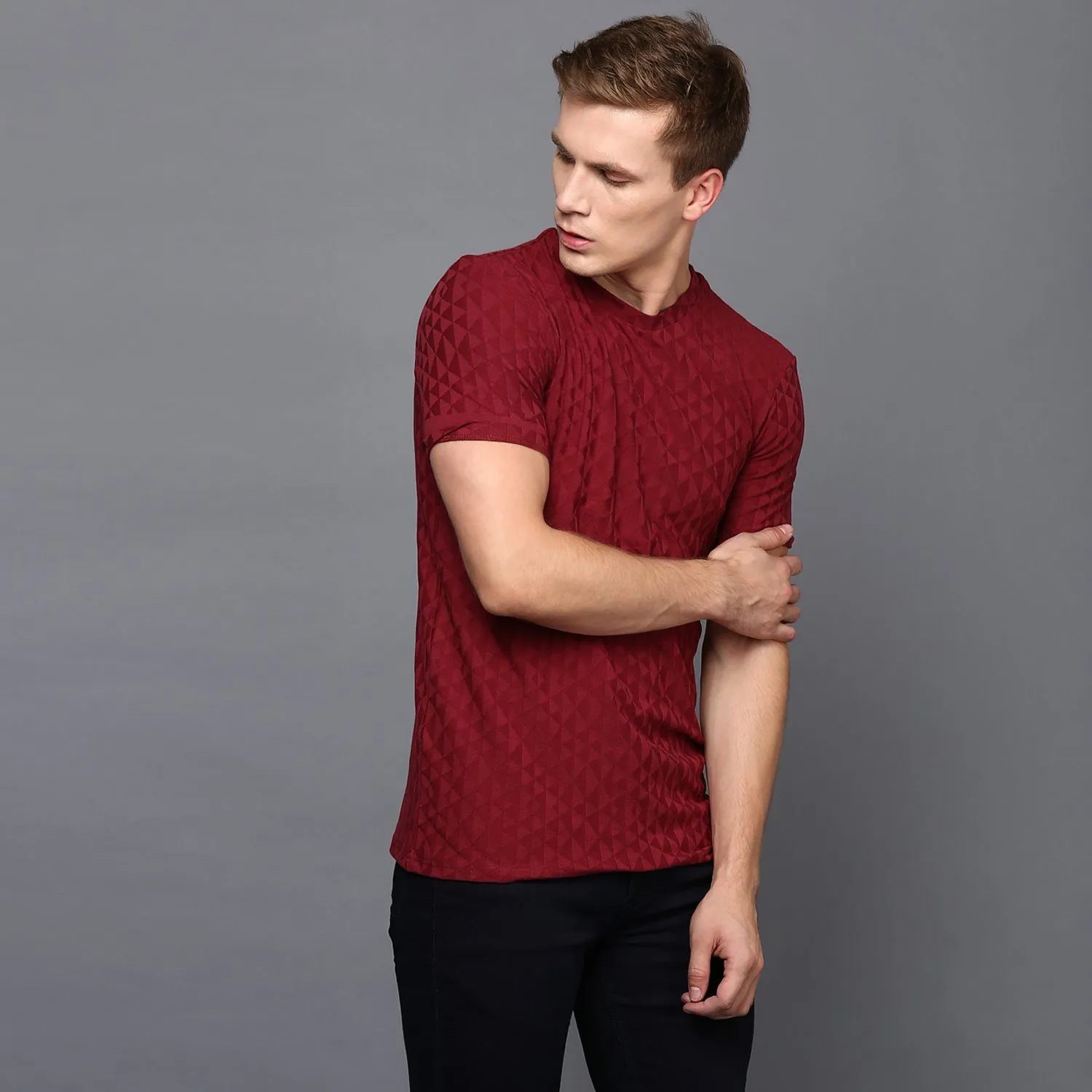 Maroon Crew Neck Geometrical Textured T-Shirt