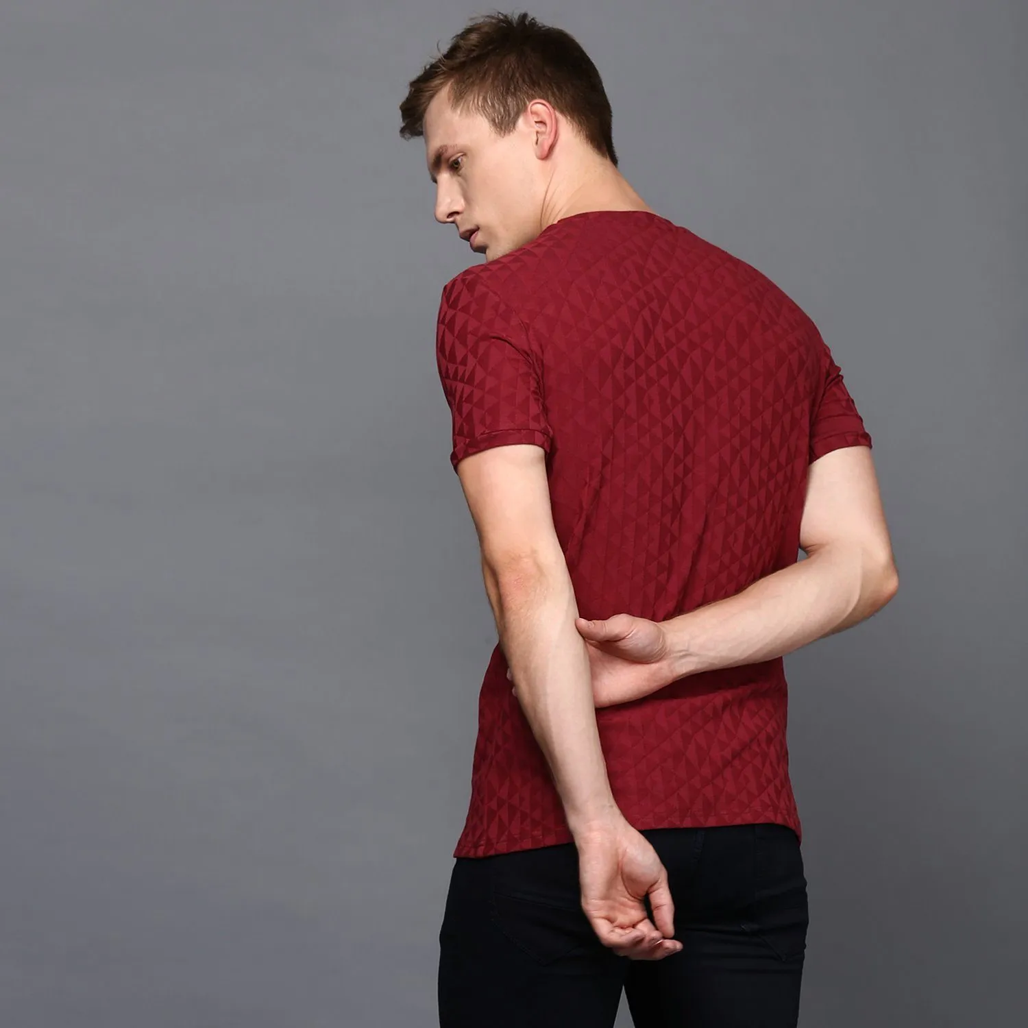 Maroon Crew Neck Geometrical Textured T-Shirt