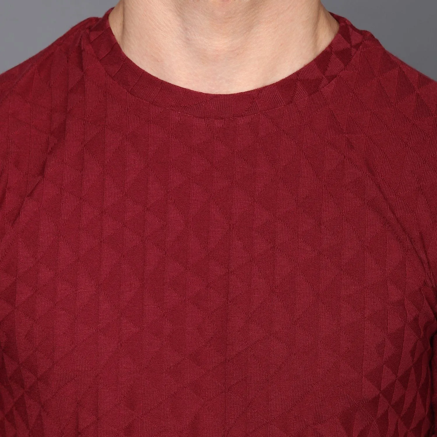 Maroon Crew Neck Geometrical Textured T-Shirt