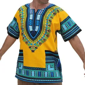 Men's Blue Yellow African Tribal Ethnic 3D Printed Short Sleeve Shirt