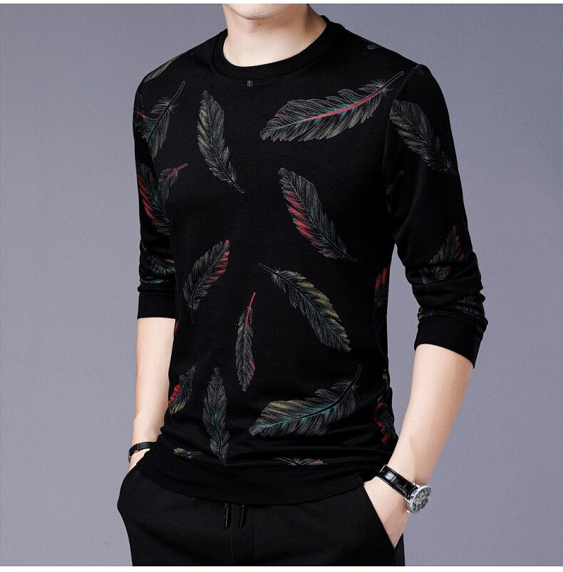 Men's Casual O Neck Feather Pattern Standard Wool Pullover Sweater