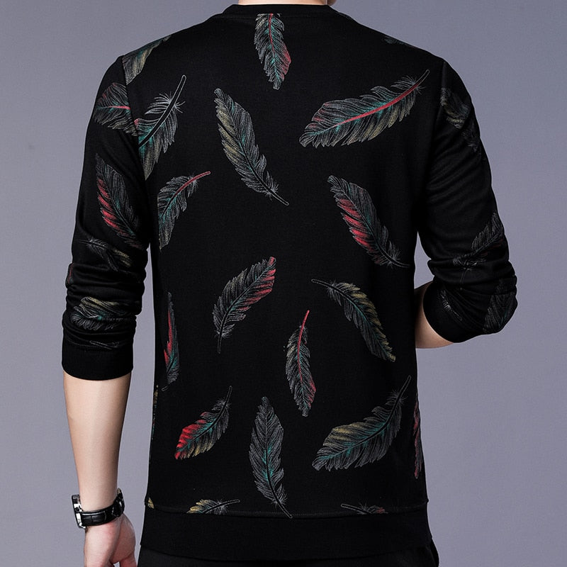 Men's Casual O Neck Feather Pattern Standard Wool Pullover Sweater