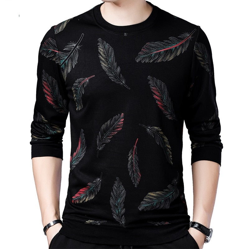 Men's Casual O Neck Feather Pattern Standard Wool Pullover Sweater