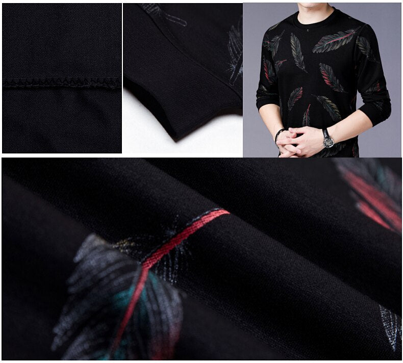 Men's Casual O Neck Feather Pattern Standard Wool Pullover Sweater