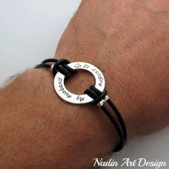 Mens Personalized Leather Wristband - Gift for Husband