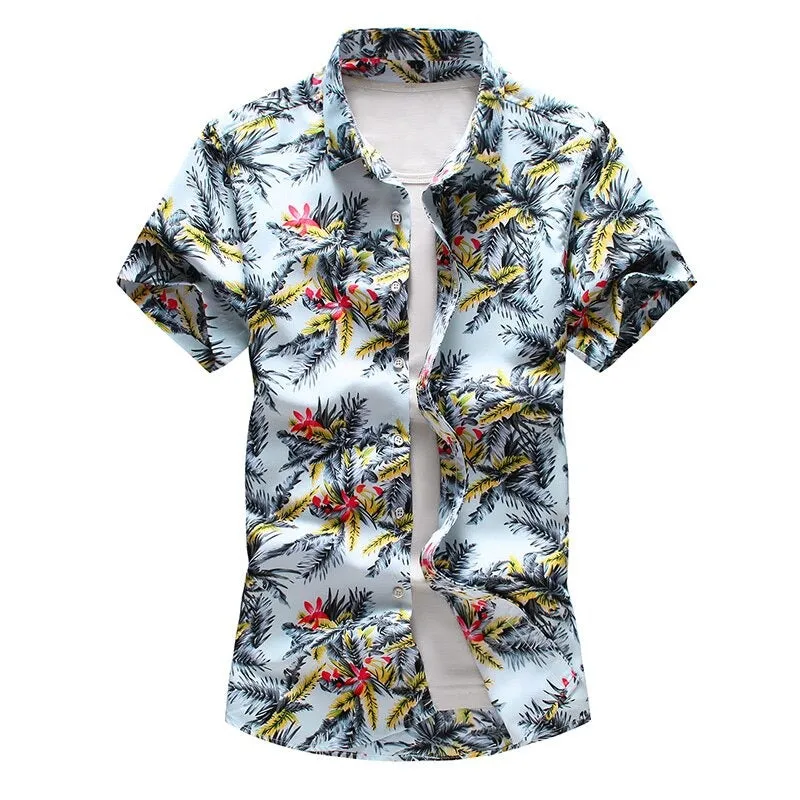 Men's Summer Blue Leaf Print Slim Short Sleeve Casual Beachwear Shirt