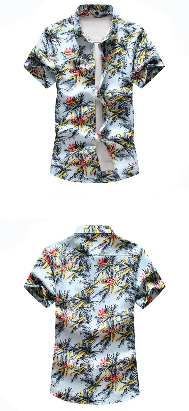 Men's Summer Blue Leaf Print Slim Short Sleeve Casual Beachwear Shirt