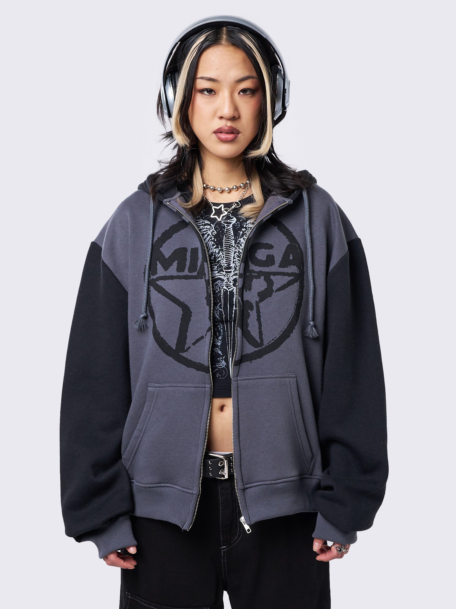 Minga Star Black Grey Zip Up Hoodie