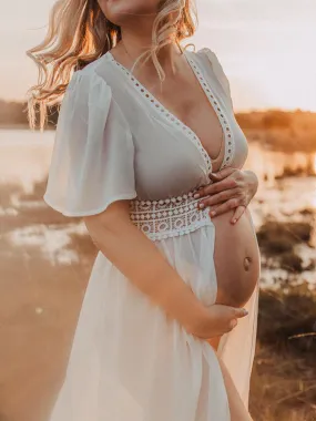 Momnfancy White Lace Ruched Crop Flowy Lace-up Deep V-neck Elegant Boho Beach Smock Photoshoot Maternity Maxi Dress