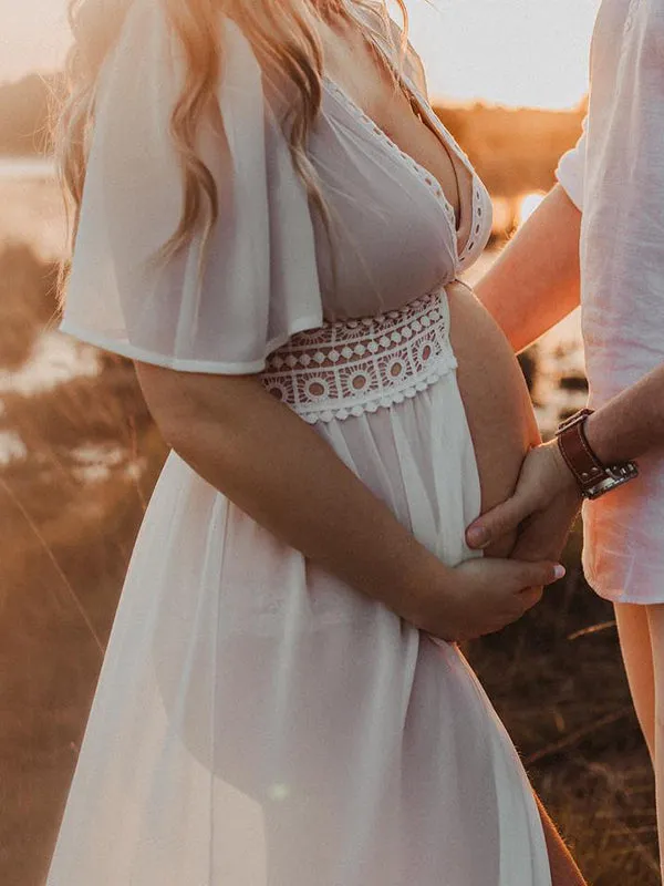 Momnfancy White Lace Ruched Crop Flowy Lace-up Deep V-neck Elegant Boho Beach Smock Photoshoot Maternity Maxi Dress