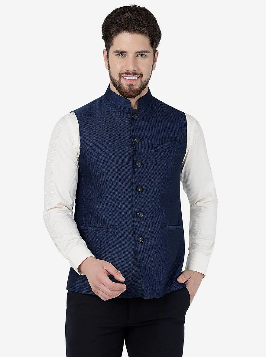 Navy Blue Checked Regular Fit Modi Jacket | JadeBlue