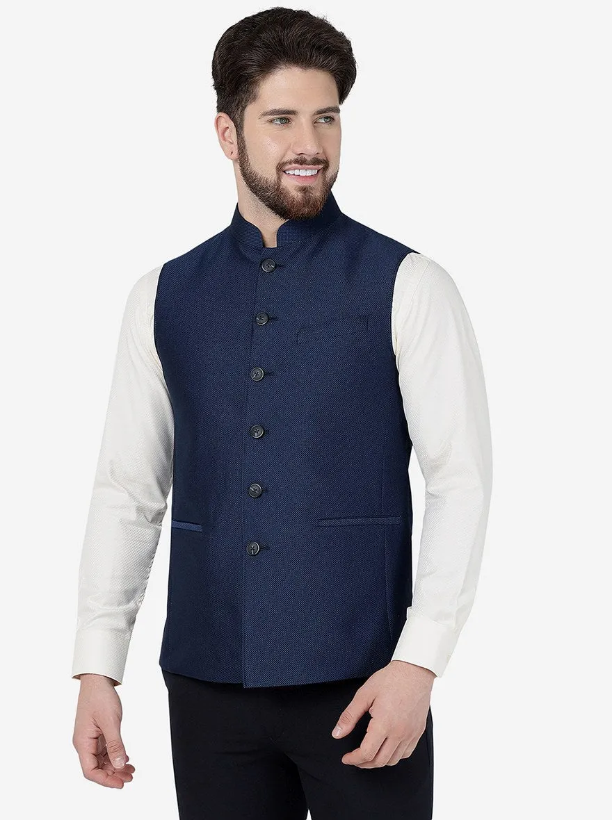 Navy Blue Checked Regular Fit Modi Jacket | JadeBlue