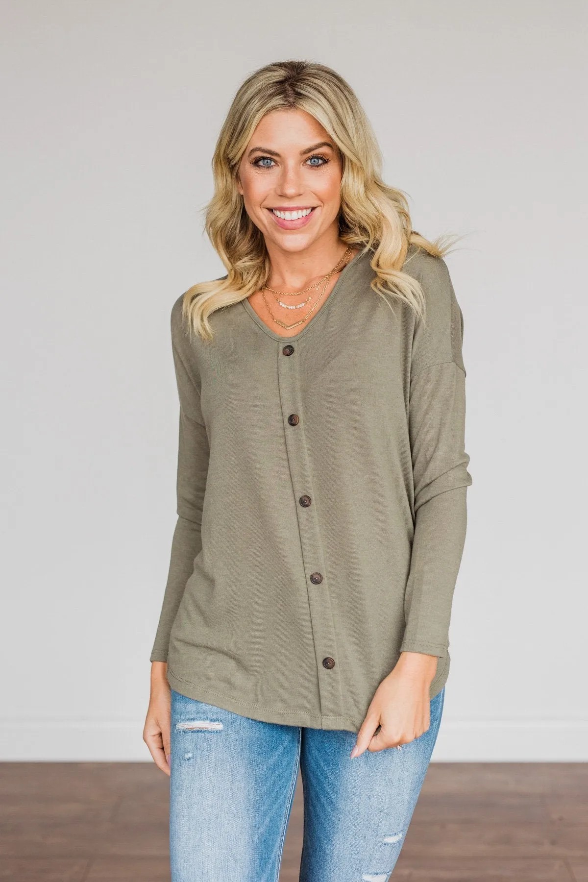 No One Like Me Long Sleeve Button Top- Olive