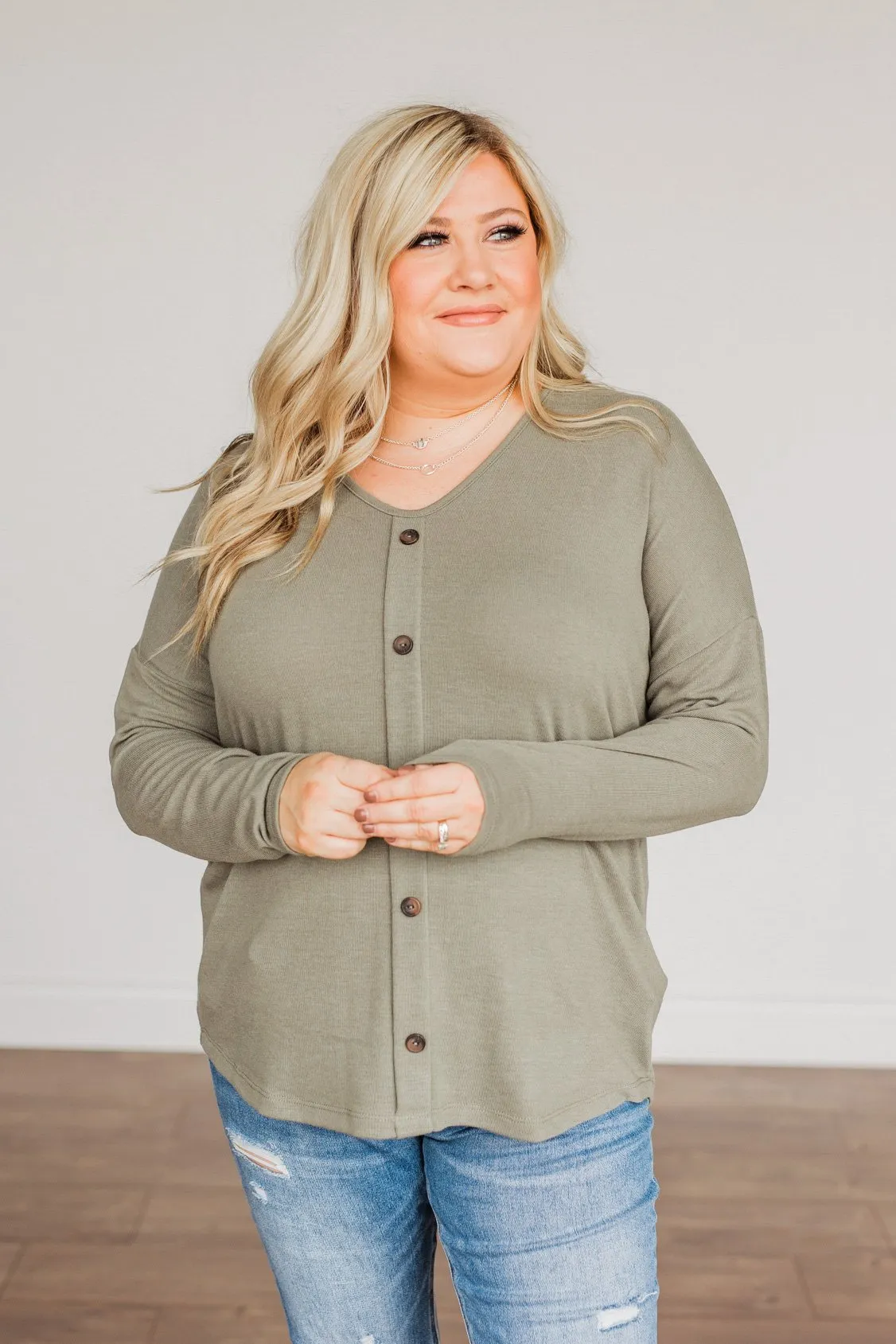 No One Like Me Long Sleeve Button Top- Olive