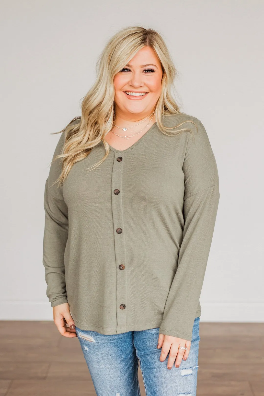 No One Like Me Long Sleeve Button Top- Olive