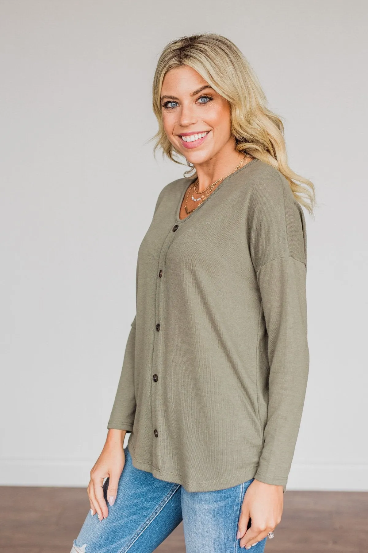 No One Like Me Long Sleeve Button Top- Olive