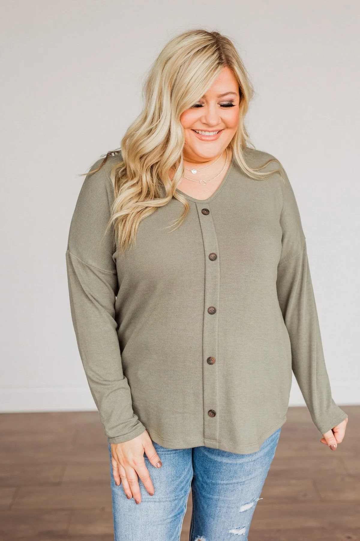 No One Like Me Long Sleeve Button Top- Olive