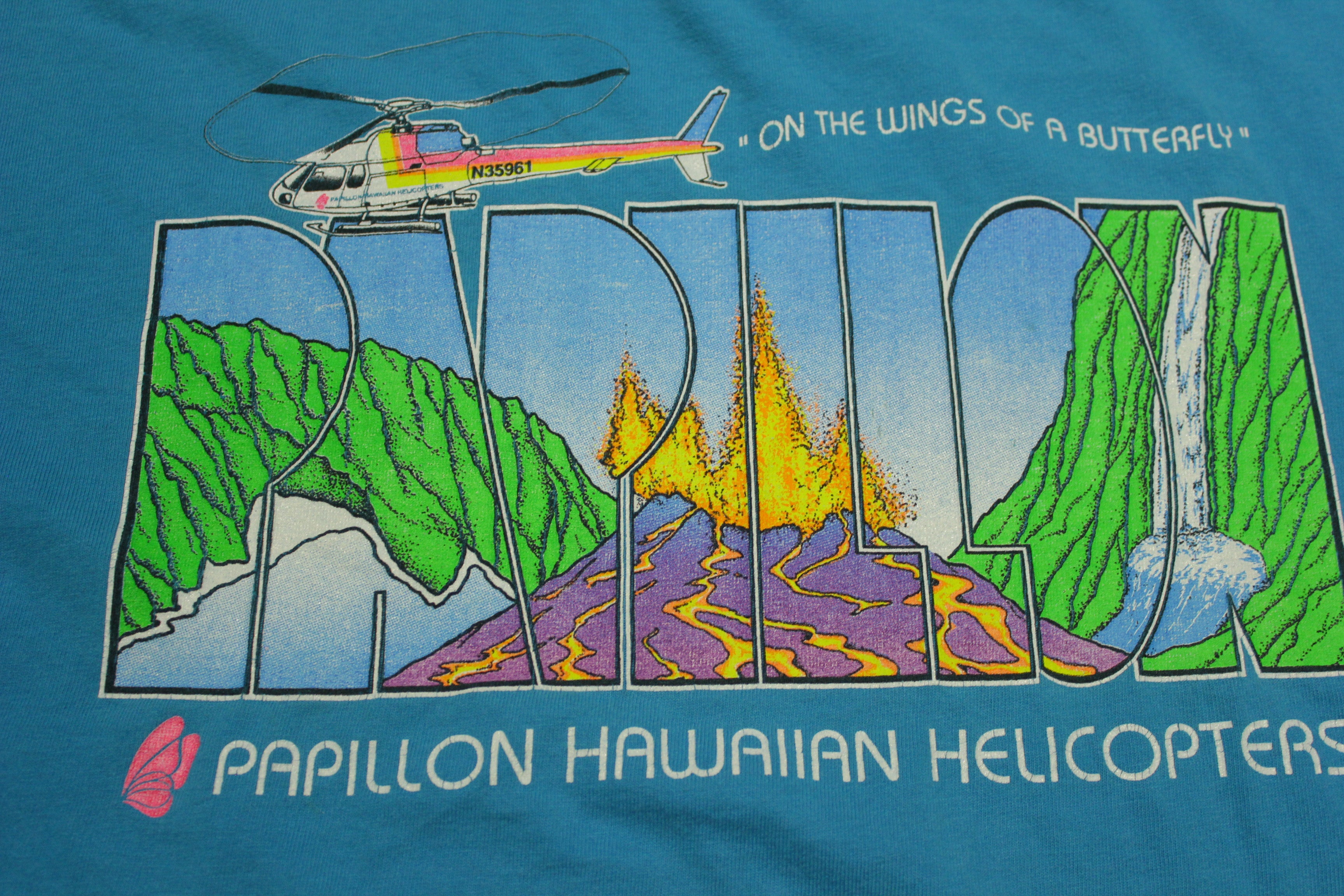 Papillon Hawaiian Helicopters Vintage Wings of a Butterfly 80's Volcano Eruption T-Shirt