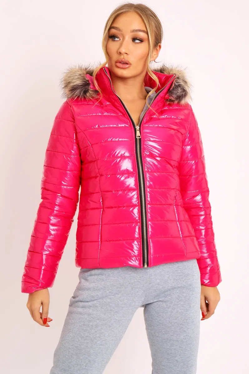 Pink Wet Look Puffer Coat - Soph