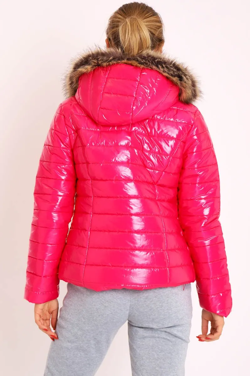 Pink Wet Look Puffer Coat - Soph