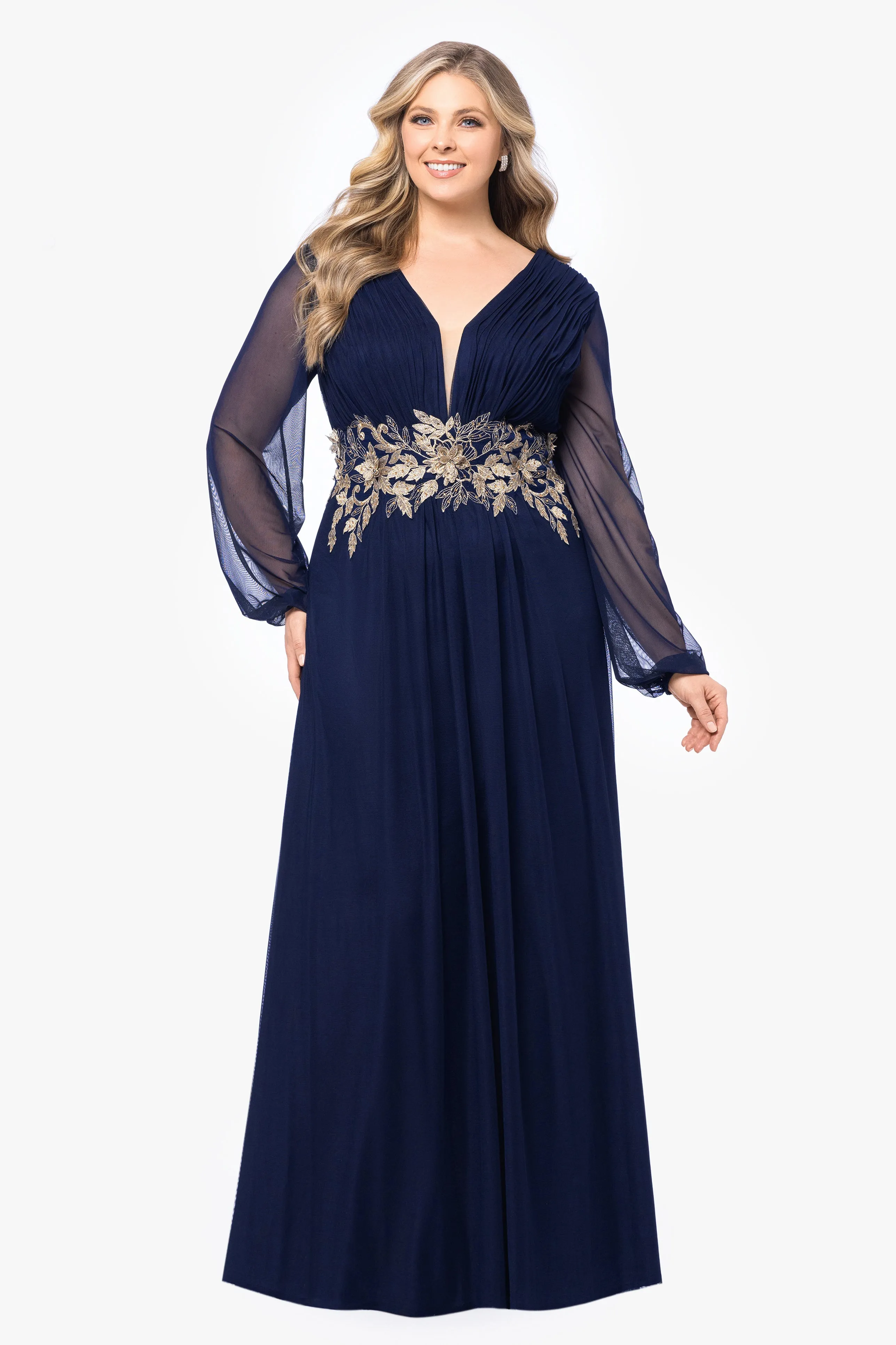 Plus Rebecca Long Sleeve Embroidered Mesh Gown