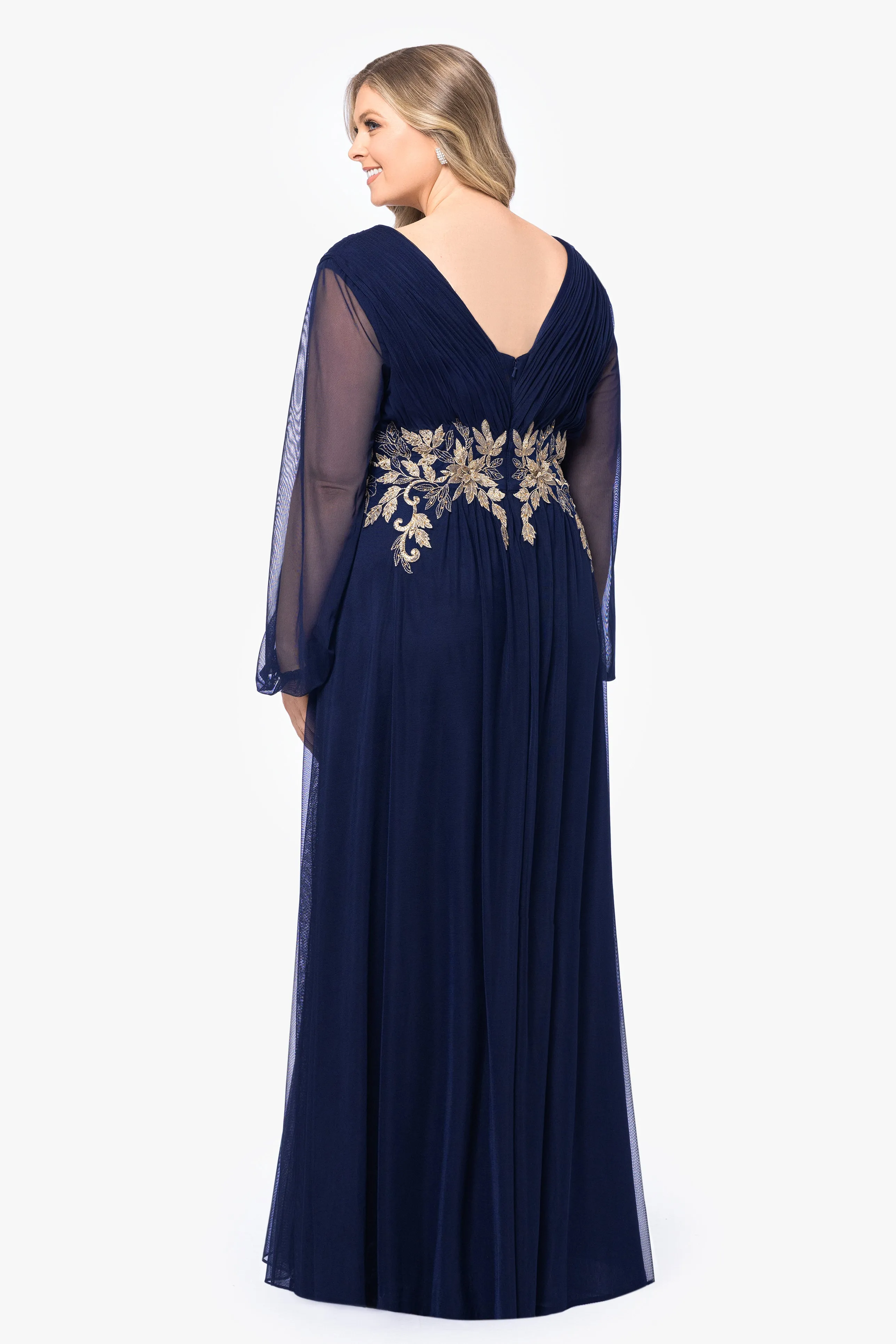 Plus Rebecca Long Sleeve Embroidered Mesh Gown