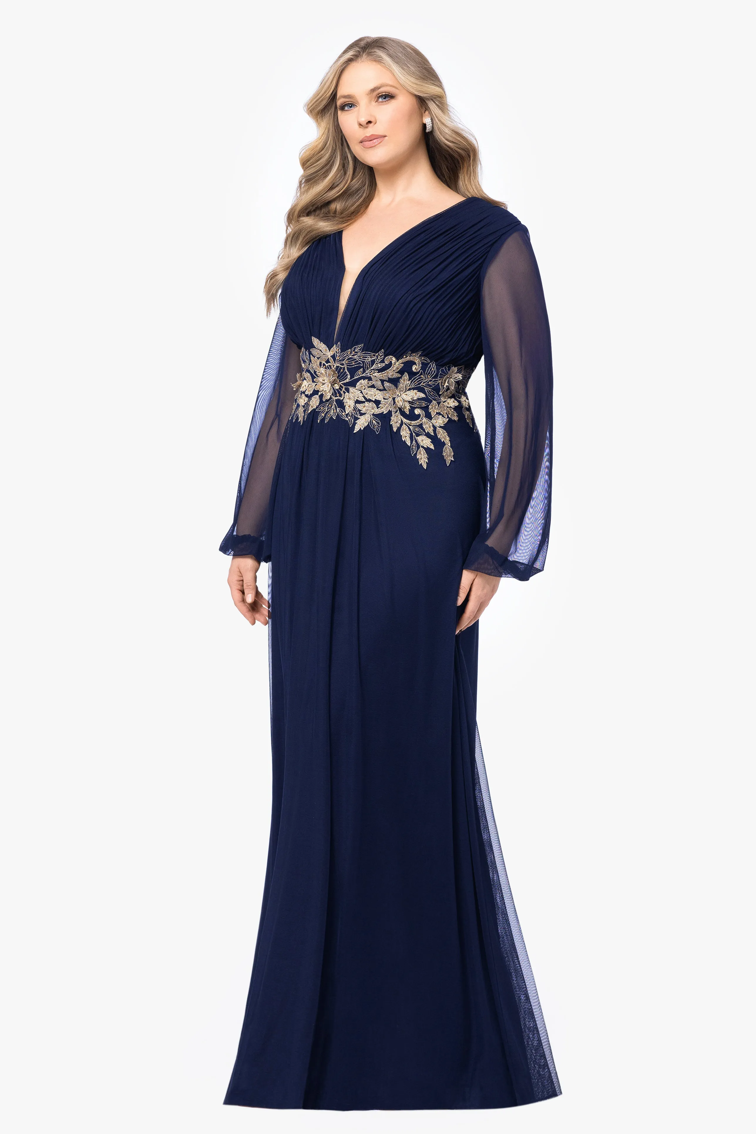 Plus Rebecca Long Sleeve Embroidered Mesh Gown