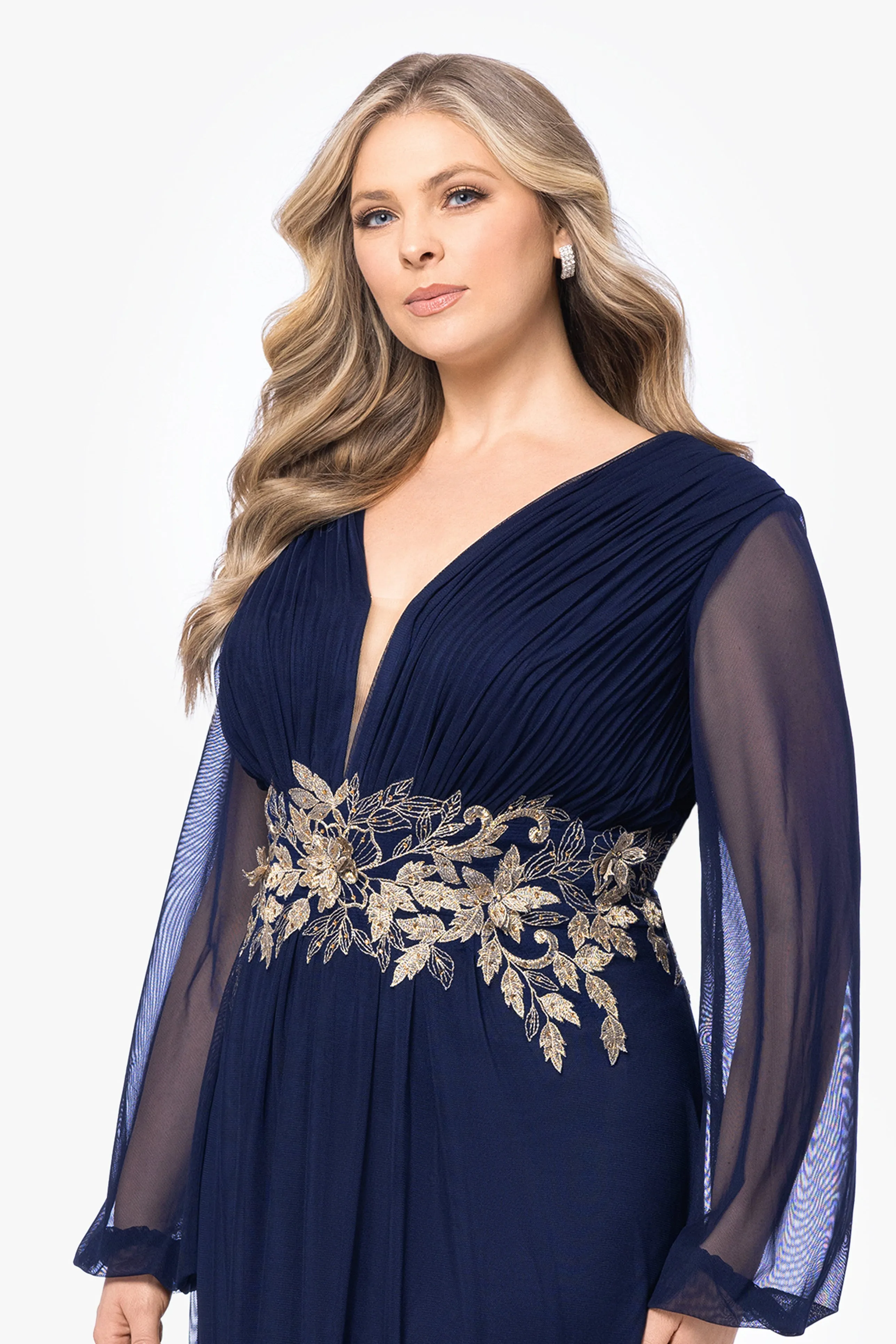 Plus Rebecca Long Sleeve Embroidered Mesh Gown