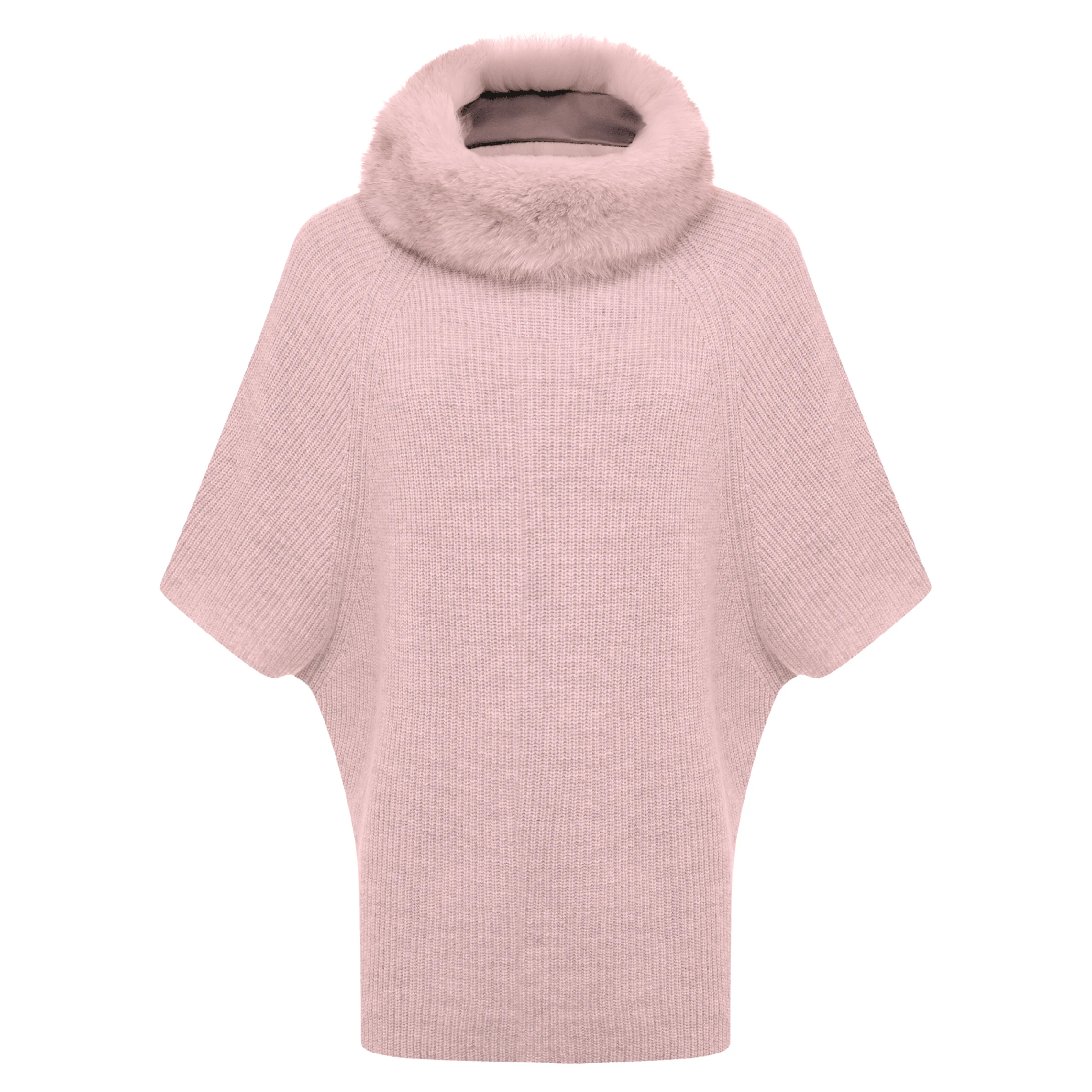 Poncho with Fur Collar - Antique Pink