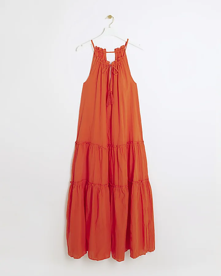 Red tiered smock maxi dress