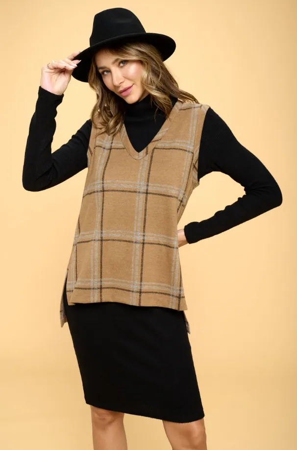 Renee C brand Plaid V neck Vest with Side Slit