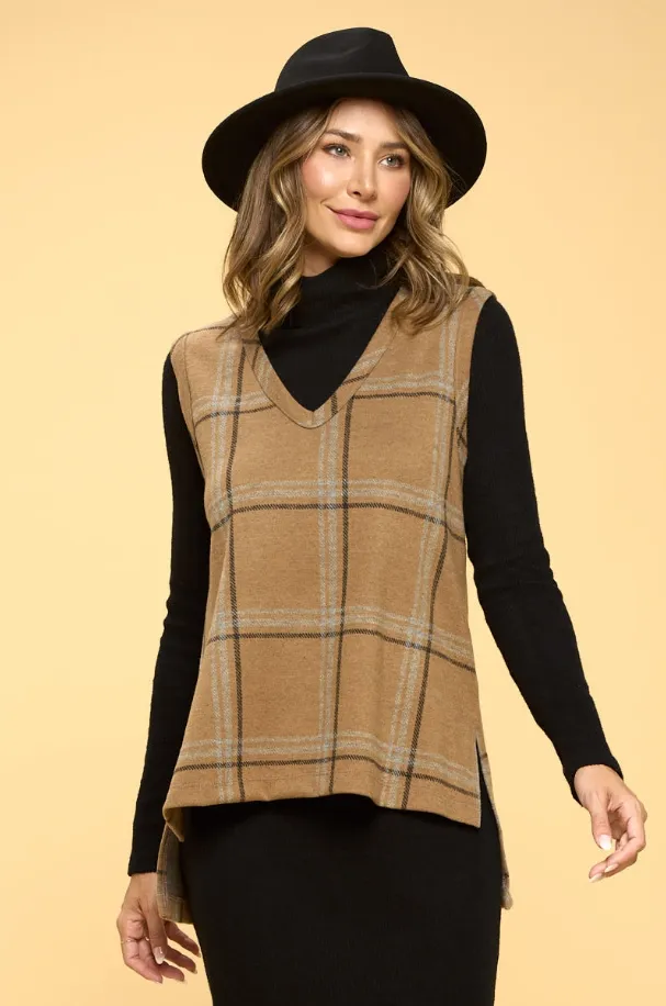 Renee C brand Plaid V neck Vest with Side Slit