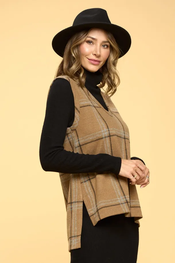 Renee C brand Plaid V neck Vest with Side Slit